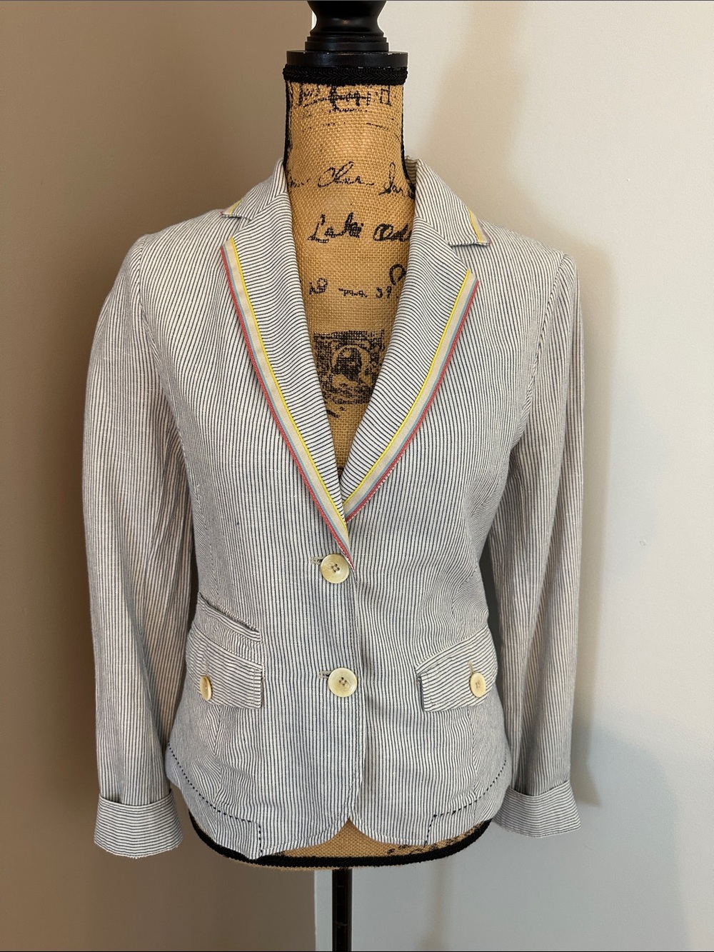 Striped Cotton Blazer with Contrast Trim - White/Blue